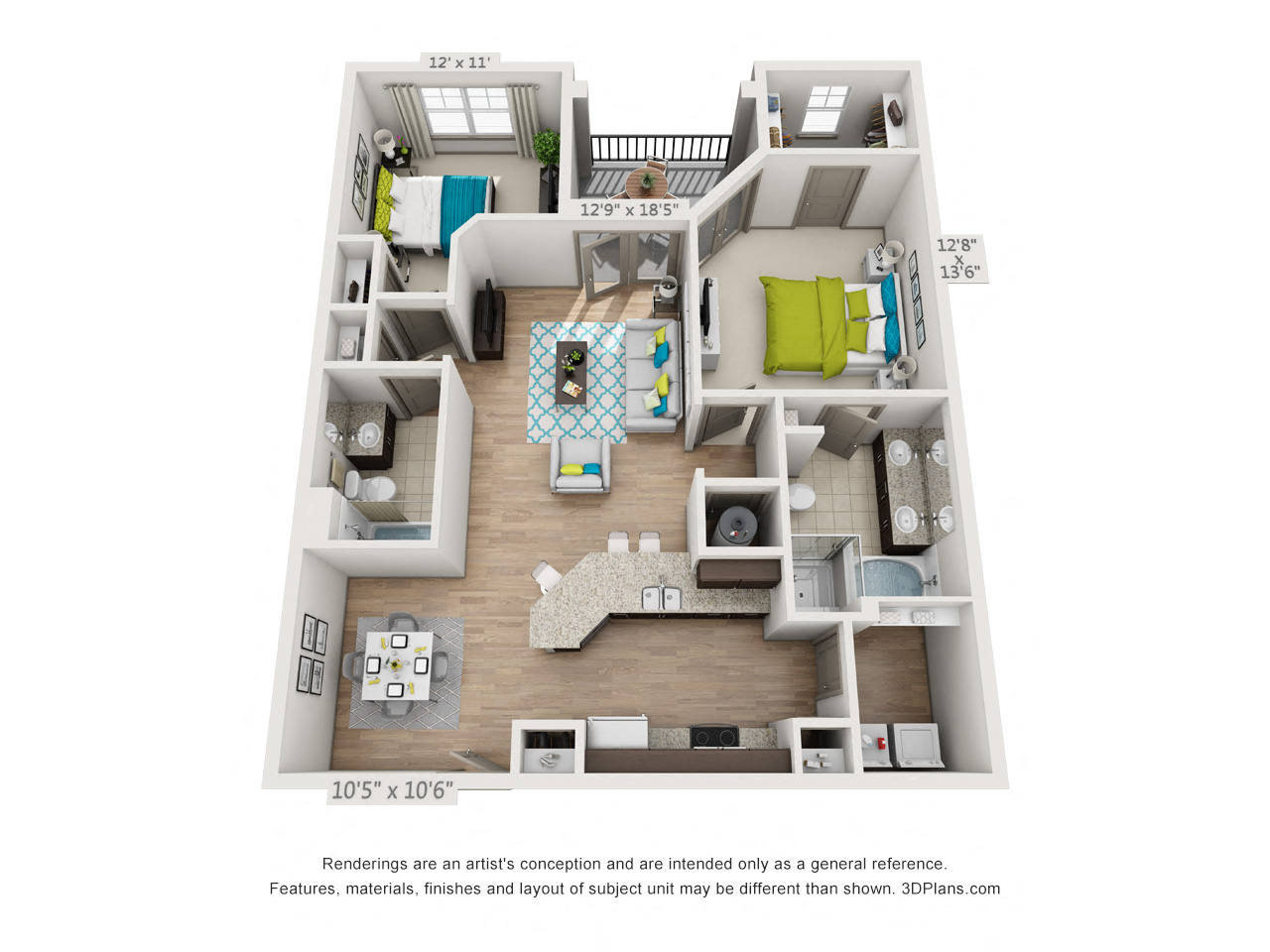 Floor plan for 2 beds, 2 baths, 1191 sqft